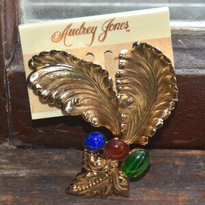 NOS new vintage Audrey Jones gold tone leaf brooch pin massive giant large big